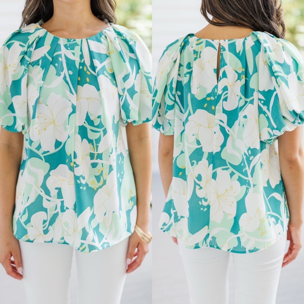 Entro Blouse Top Women Small Green Tropical Gathered Neck Floral Bubble Sleeves